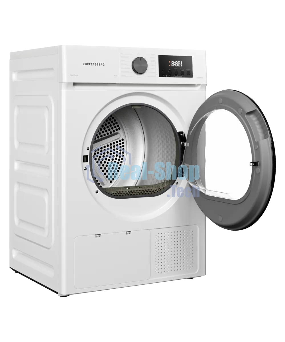 Сушильная машина Kuppersberg DM 593 W, High-Tech, загрузка 8 кг, 15 программ, тепловой насос, электронное кнопочное управление, корзина для сушки, блокировка от детей, энергоэффективность А++, белый