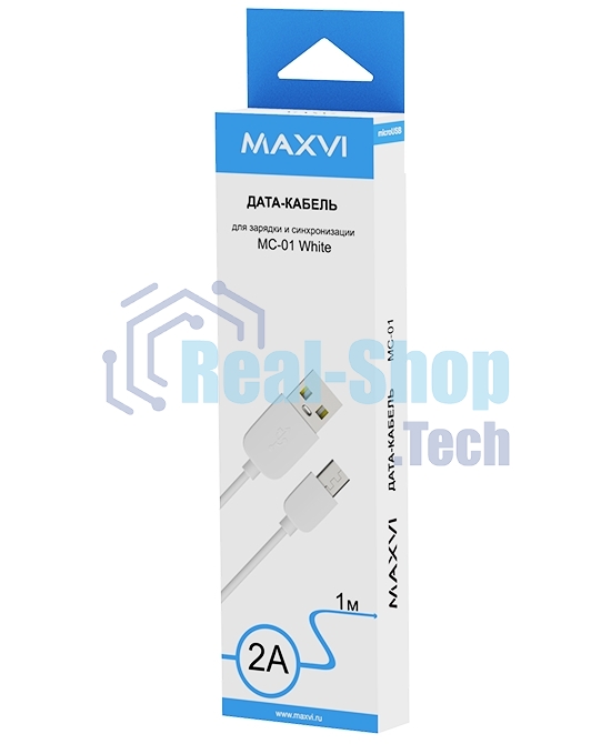Кабель Maxvi MC-01 white USB-A - microUSB ток макс. нагрузки 2А, макс. напряжение 5V; стандарт USB 2.0; длина 1м, материал PVC, белый