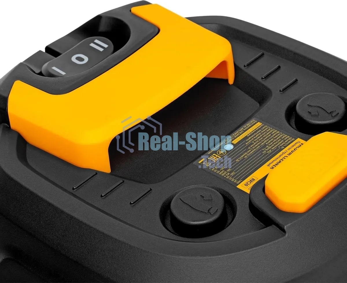 Строительный пылесос Denzel RVC20 желтый, 1400 Вт, уборка сухая/сбор воды/выдув, пылесборник мешок/контейнер, 20 л