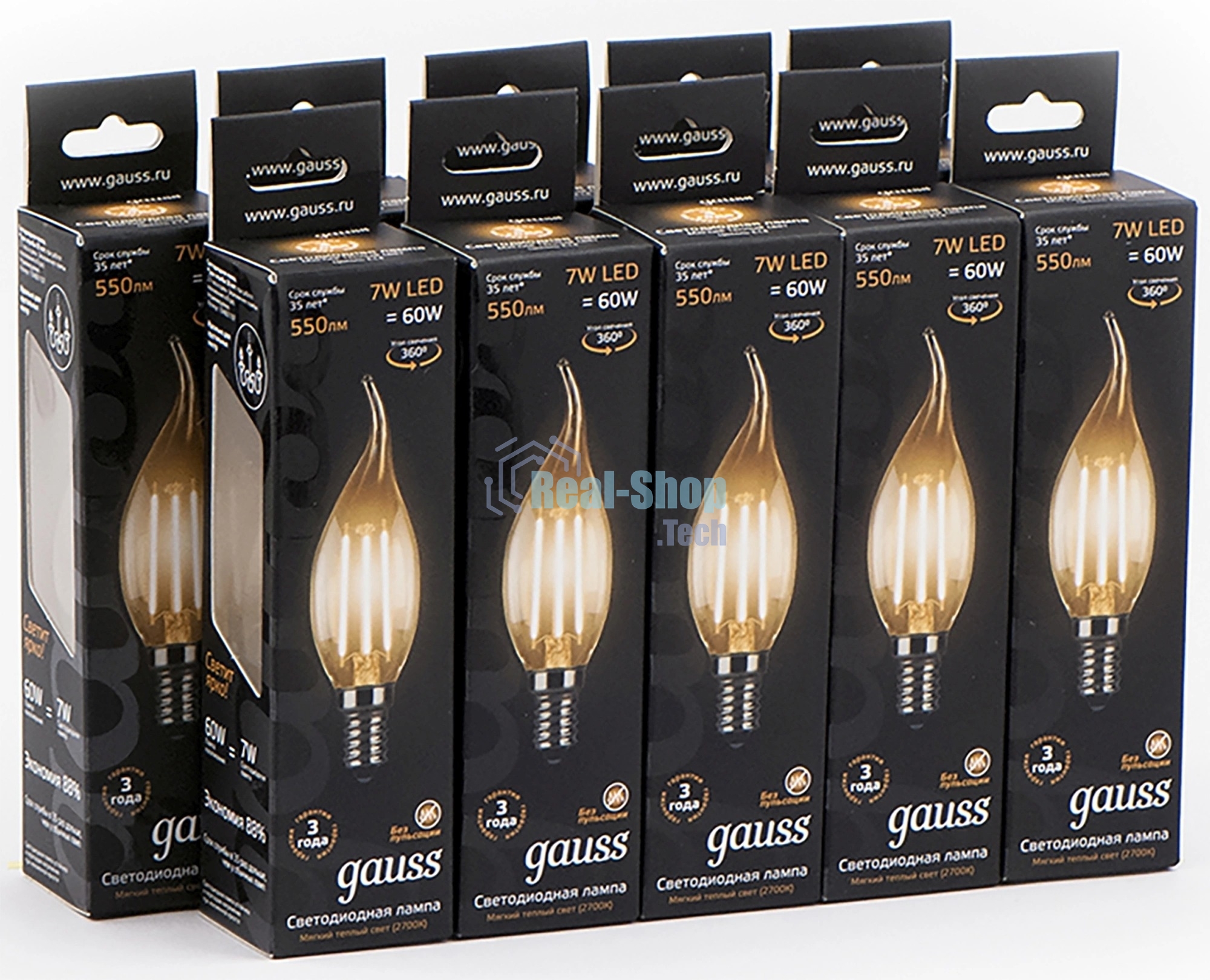 Лампа светодиодная Gauss Filament 7Вт цок.: E14 свеча 220B св. свеч. белый теп. CF35 (упак.: 10 шт) (104801107)