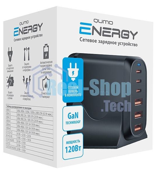 Сетевое зарядное устройство Qumo Energy Charger GaN PD 120 Вт, 3 USB-A + 3 USB Type-C,(0120), черный