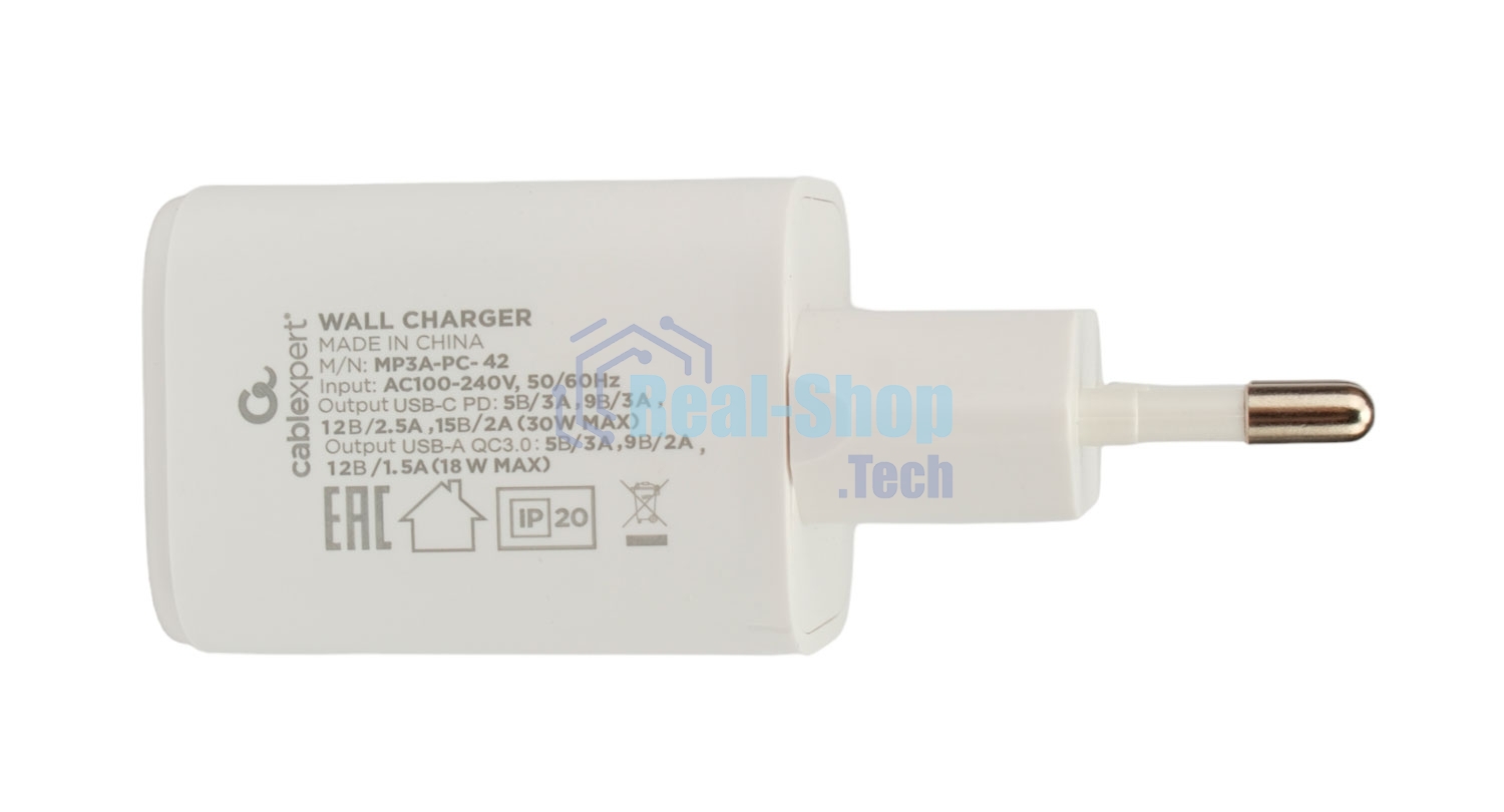 Сетевое зарядное устройство Cablexpert MP3A-PC-42, 30Вт, быстрая зарядка QC3.0/PD, 2 порта: USB и Type-C, белый, пакет