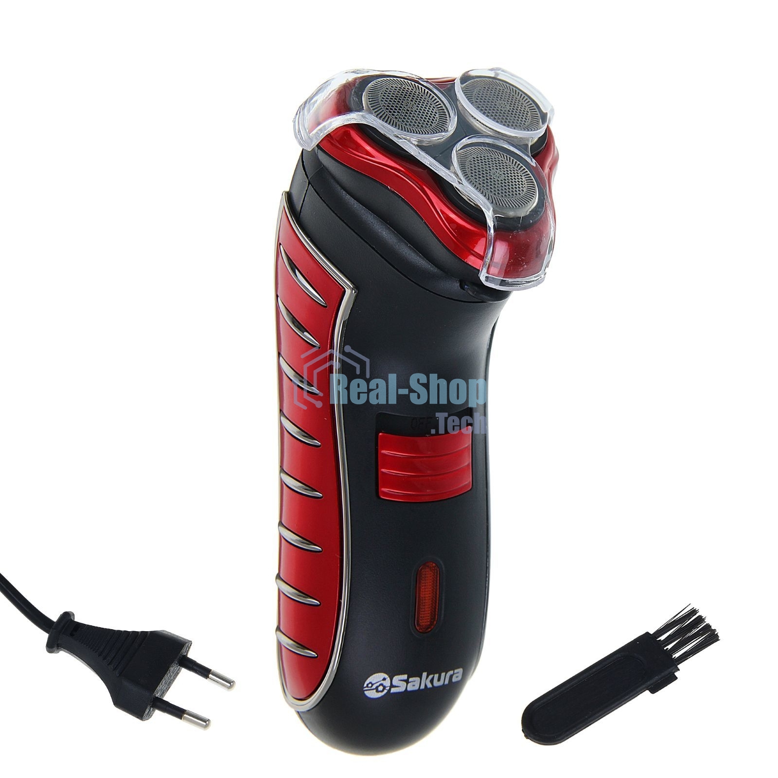 Электробритва Sakura SA-5414RB красно-черный(Бритва электрическая, сухое бритье, работа от аккумулятора. 3 бреющие головки. Индикатор заряда батарейки. Защитная крышка. Щеточка для очистки.)