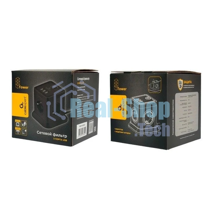 Сетевой фильтр Cablexpert Tower TWR-4-U3-B-2, 4 р, 10А, 3xUSB, 3.1А, 2 м, ур.защиты 2+, черный, коробка
