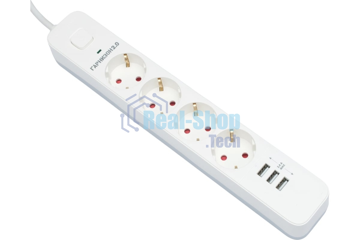 Сетевой фильтр Гарнизон 2.0 Мультипорт EPS-4-U3-W-4, 4 р, 10А, 3xUSB, 4 м, ур.защиты 2+, белый, пакет