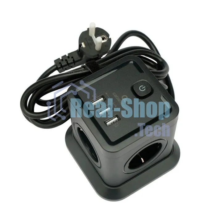 Сетевой фильтр Cablexpert Tower TWR-4-U3-B-2, 4 р, 10А, 3xUSB, 3.1А, 2 м, ур.защиты 2+, черный, коробка