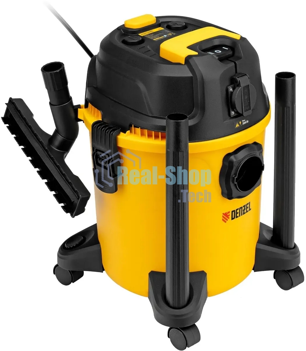 Строительный пылесос Denzel RVC20 желтый, 1400 Вт, уборка сухая/сбор воды/выдув, пылесборник мешок/контейнер, 20 л
