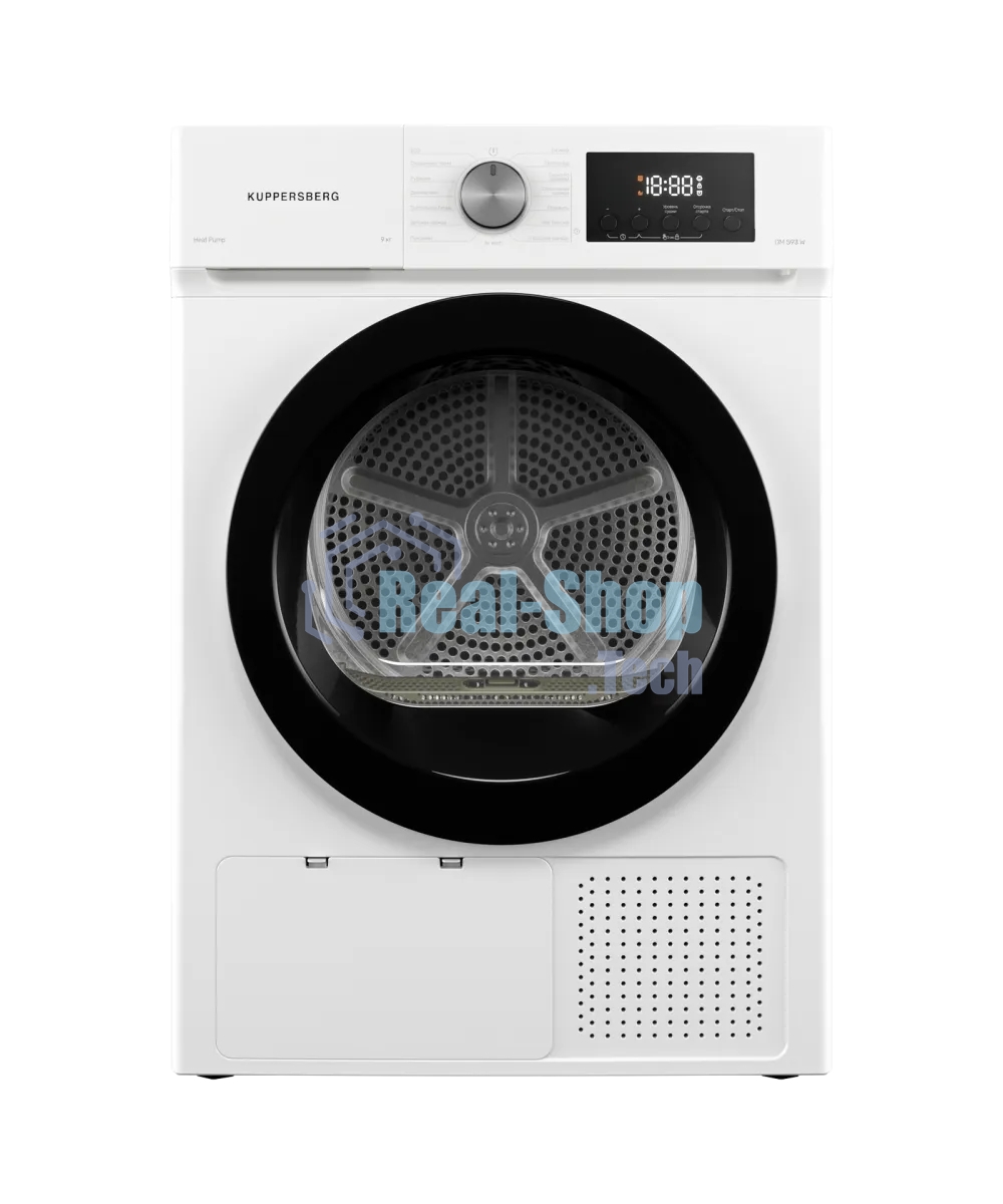 Сушильная машина Kuppersberg DM 593 W, High-Tech, загрузка 8 кг, 15 программ, тепловой насос, электронное кнопочное управление, корзина для сушки, блокировка от детей, энергоэффективность А++, белый