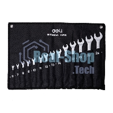 Набор комбинированных гаечных ключей 14 шт Deli DL130014A Спецификация: 6,7,8,9,10,11,12,13,14,15,17,19,22,24 мм. Матовая хромированная поверхность. Тканевая упаковка.