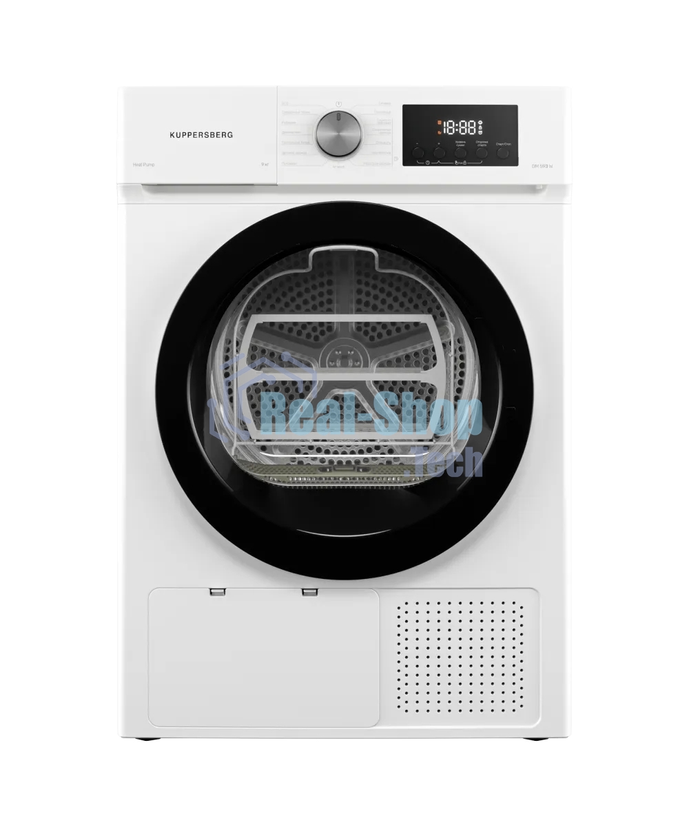 Сушильная машина Kuppersberg DM 593 W, High-Tech, загрузка 8 кг, 15 программ, тепловой насос, электронное кнопочное управление, корзина для сушки, блокировка от детей, энергоэффективность А++, белый