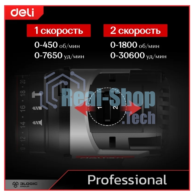 Дрель-шуруповерт Deli DE-CZ16-1A2, 16 В, 2 Ач, 44 Нм, бесщеточный, ударный