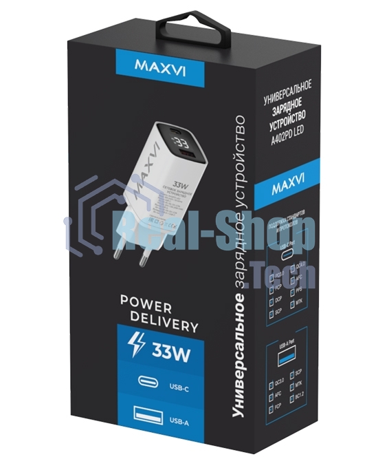 Сетевое зарядное устройство Maxvi A402PD LED 33W, 1xUSB-A, 1xUSB-C, белый