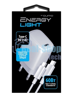 Сетевое зарядное устройство Qumo Energy light PD 35Вт (Charger 0067), 1 USB Type-C, + кб 1м, 60Вт.
