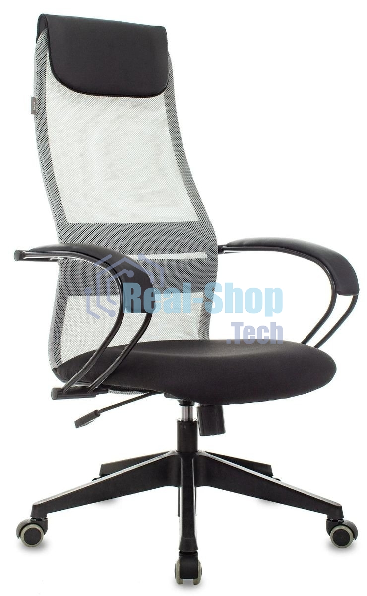 Кресло руководителя Бюрократ CH-607 TW-02 светло-серый, сиденье черный, сетка/ткань, с подголов. крестовина пластик