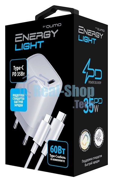 Сетевое зарядное устройство Qumo Energy light PD 35Вт (Charger 0067), 1 USB Type-C, + кб 1м, 60Вт.