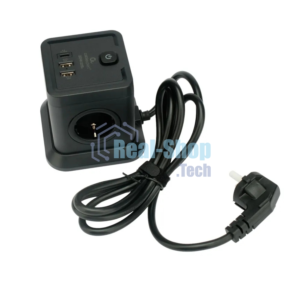 Сетевой фильтр Cablexpert Tower TWR-4-CU2-B-2, 4 р, 10А, 1xType-C PD, 20Вт, 2хUSB, 2 м, ур.защиты 2+, черный, коробка
