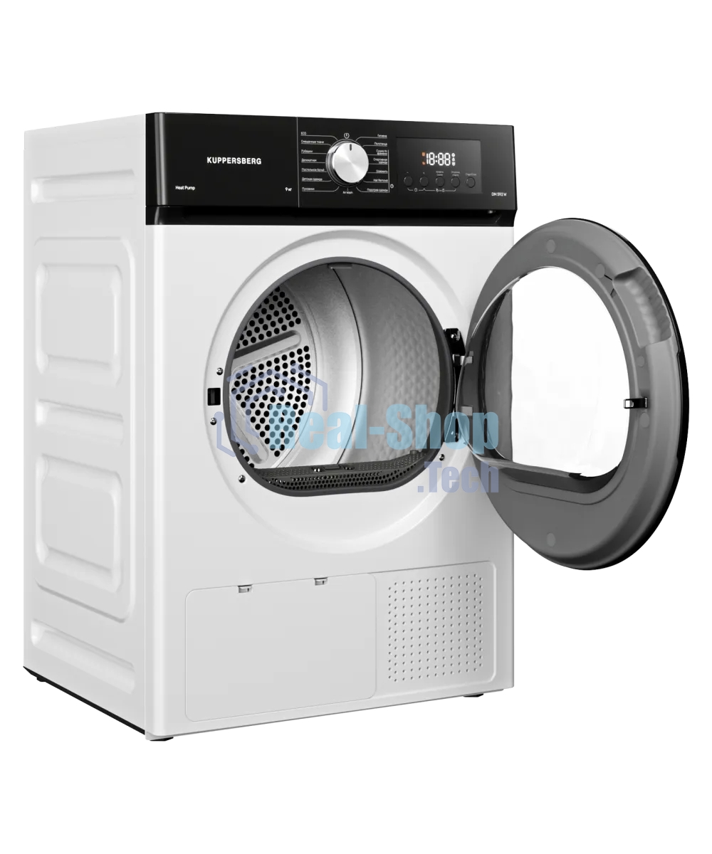 Сушильная машина Kuppersberg DM 592 W, High-Tech, загрузка 9 кг, 15 программ, тепловой насос, электронное кнопочное управление, корзина для сушки, блокировка от детей, энергоэффективность А++, белый