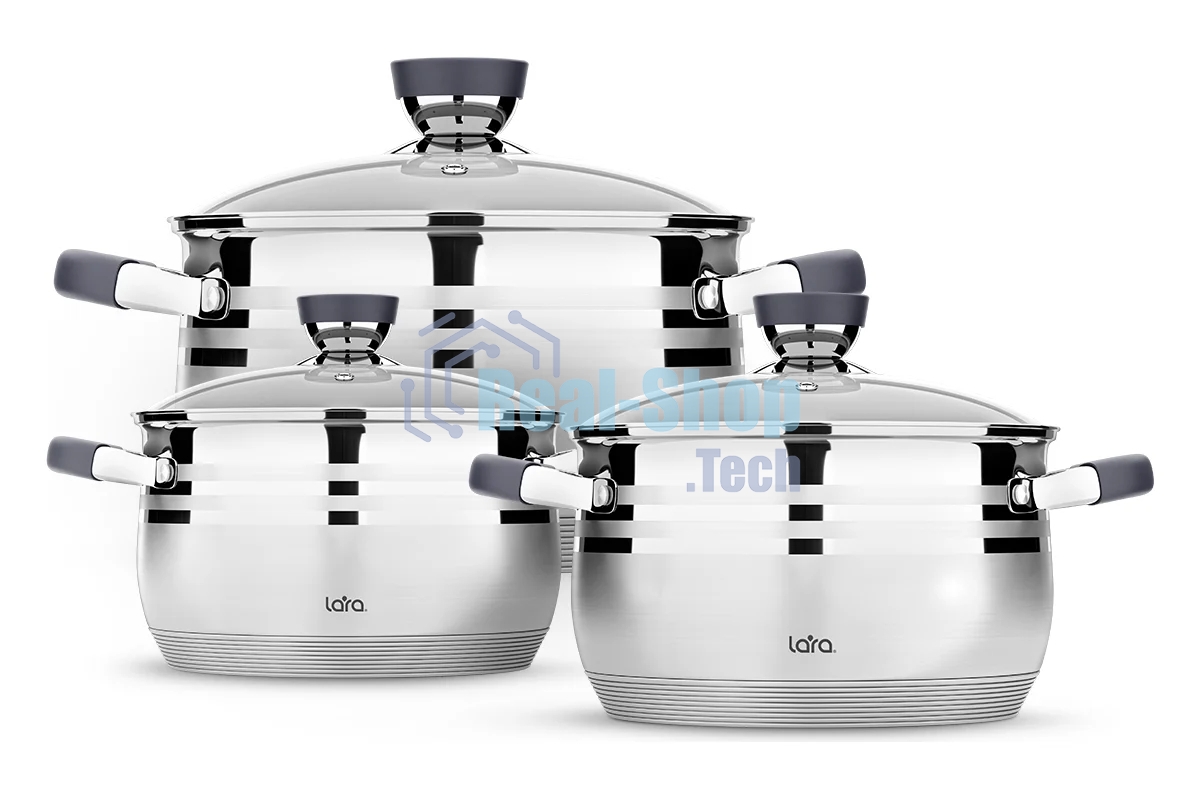 Набор посуды Lara LR02-121 Mercury 2.1 л, 2.9 л, 4.9 л, 16/18/22 см, нержавеющая сталь AISI 201