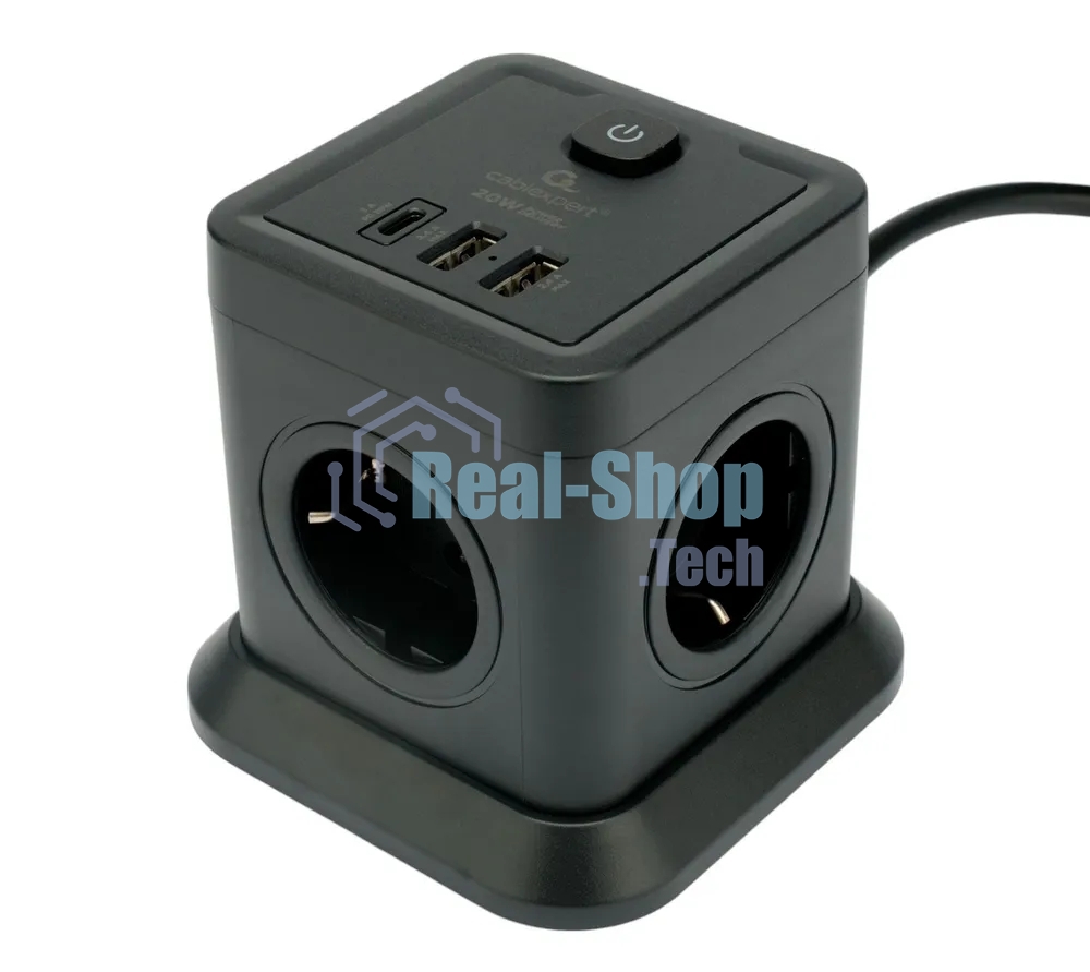 Сетевой фильтр Cablexpert Tower TWR-4-CU2-B-2, 4 р, 10А, 1xType-C PD, 20Вт, 2хUSB, 2 м, ур.защиты 2+, черный, коробка