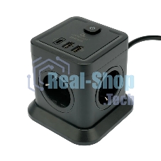 Сетевой фильтр Cablexpert Tower TWR-4-CU2-B-2, 4 р, 10А, 1xType-C PD, 20Вт, 2хUSB, 2 м, ур.защиты 2+, черный, коробка