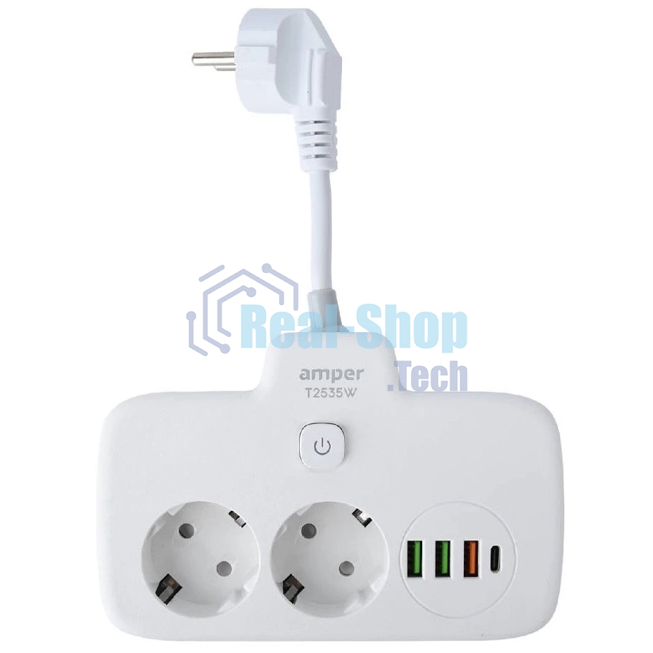 Сетевой удлинитель Amper 0,2м, 2 розетки, 3*0,75мм, 10А, 2500 Вт, 3usb, 1Type-C, 1кн, белый