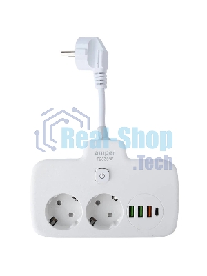 Сетевой удлинитель Amper 0,2м, 2 розетки, 3*0,75мм, 10А, 2500 Вт, 3usb, 1Type-C, 1кн, белый