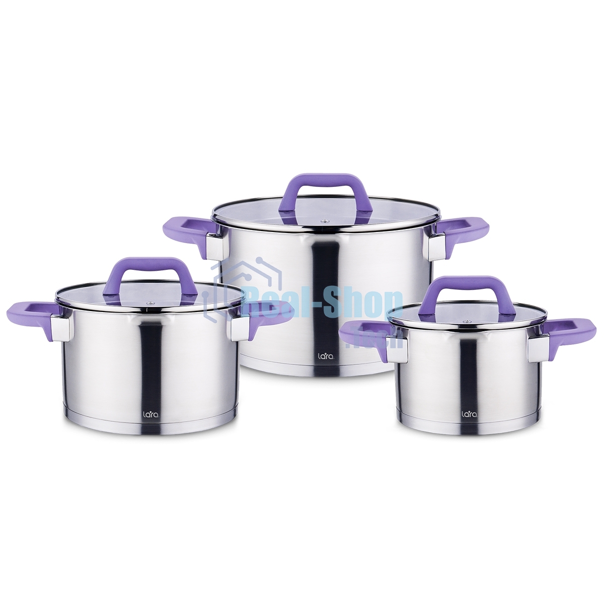 Набор посуды Lara LR02-126 Лаванда 2, 3.8, 6.4 л, нержавеющая сталь, индукционное 5-ти ступ. капс. дно
