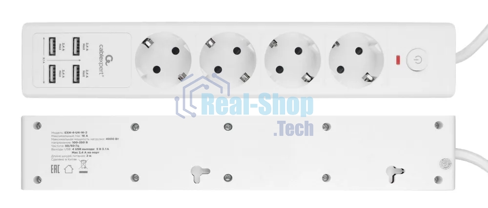Сетевой фильтр Cablexpert Exnovo EXN-4-U4-W-2, 4 р, 16А, 4хUSB, 3.4A, 2 м, ур.защиты 4+, белый, коробка