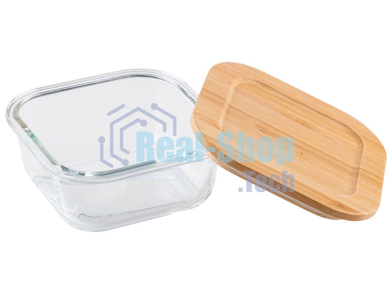 Контейнер LEONORD BAMBU, объем: 500 мл, из жаропрочного стекла с крышкой из бамбука, квадратный (106021)