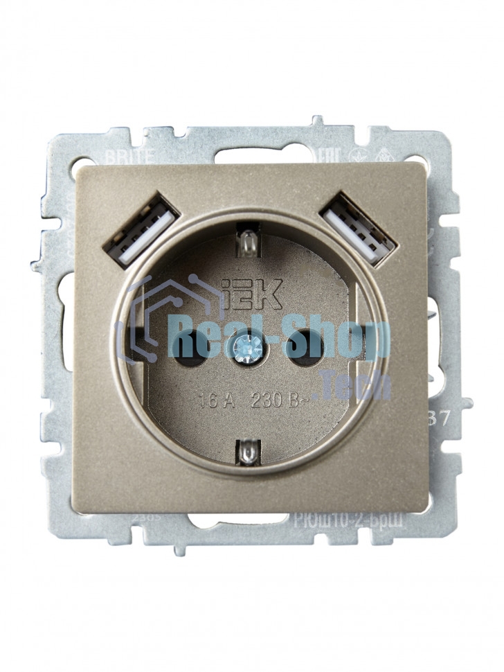 Розетка 1-местная IEK BRITE РЮш10-2-БрШ (BR-R14-16-U21-D31-K37) с заземлением, с защитными шторками, 16А, с USB A+A 5В 3,1А, шампань