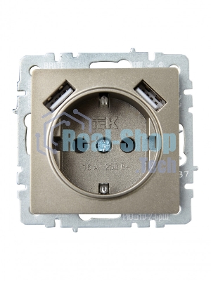 Розетка 1-местная IEK BRITE РЮш10-2-БрШ (BR-R14-16-U21-D31-K37) с заземлением, с защитными шторками, 16А, с USB A+A 5В 3,1А, шампань