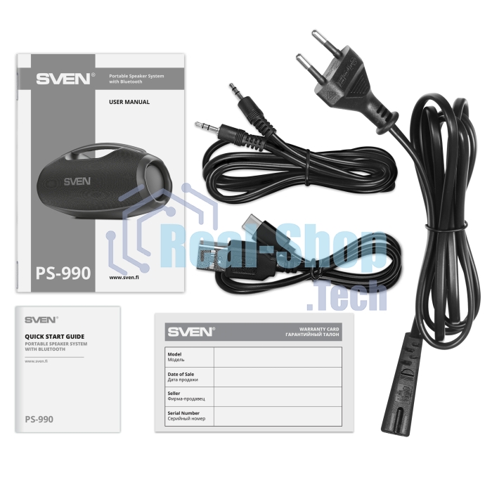 Портативная акустическая система SVEN PS-990, черный, 2.0, 2x90 Вт (RMS), IPx7, TWS, Bluetooth, USB, аккумулятор
