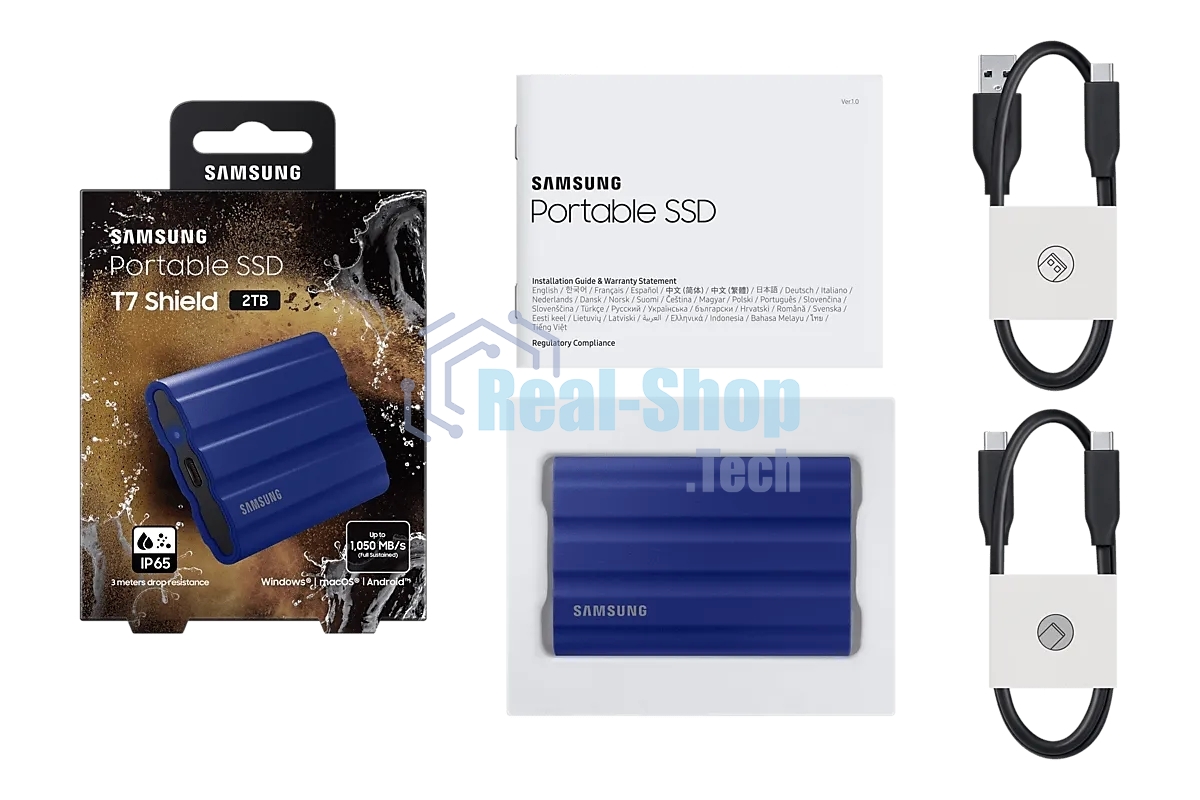 Внешний SSD Samsung T7 Shield, 1TB, USB 3.2 Gen 2 Type-C, R/W 1050/1000, синий