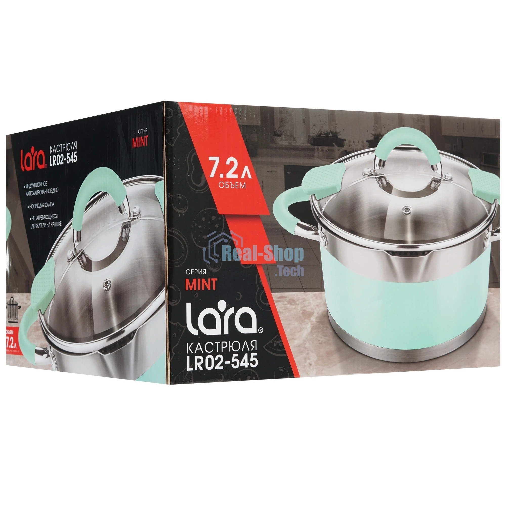 Кастрюля LARA LR02-545 MINT 26x14 см, 7,2 л, носик, индукционное дно, крышка с бортом, нержавеющая сталь