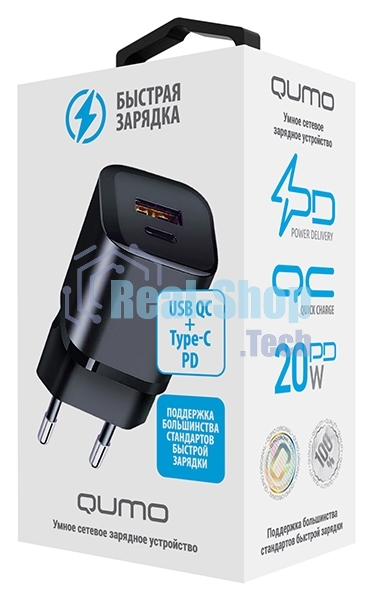 Сетевое зарядное устройство Qumo Energy PD 20W (Charger 0071), два порта: Type-C PD + USB-A QC3.0, черный