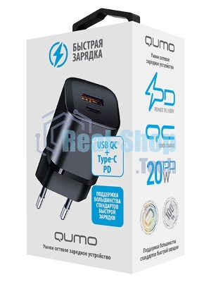 Сетевое зарядное устройство Qumo Energy PD 20W (Charger 0071), два порта: Type-C PD + USB-A QC3.0, черный