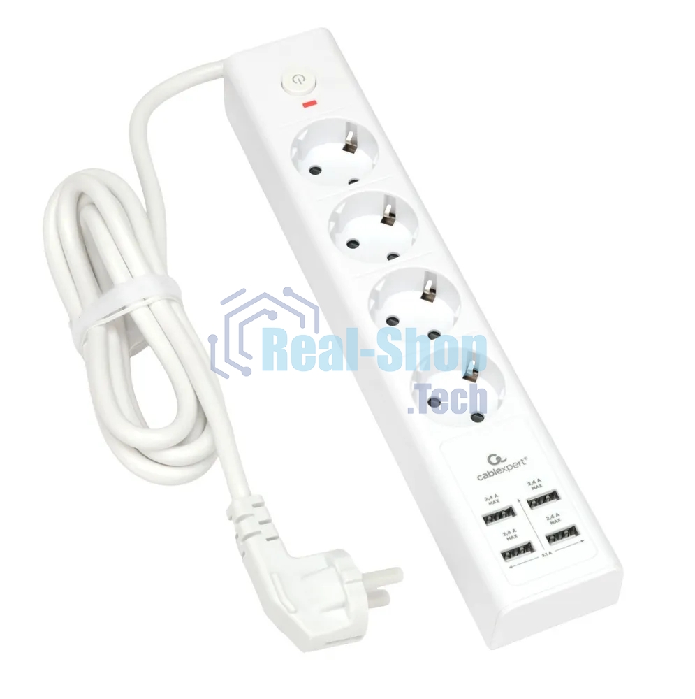 Сетевой фильтр Cablexpert Exnovo EXN-4-U4-W-2, 4 р, 16А, 4хUSB, 3.4A, 2 м, ур.защиты 4+, белый, коробка