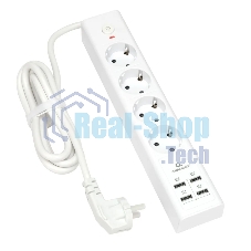 Сетевой фильтр Cablexpert Exnovo EXN-4-U4-W-2, 4 р, 16А, 4хUSB, 3.4A, 2 м, ур.защиты 4+, белый, коробка