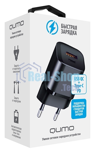 Сетевое зарядное устройство Qumo Energy PD 20W (Charger 0071), два порта: Type-C PD + USB-A QC3.0, черный