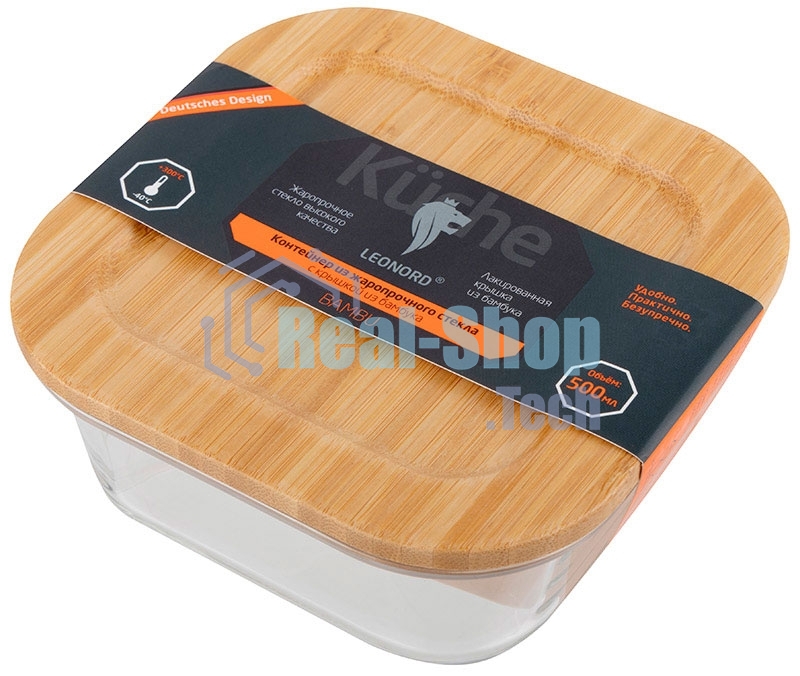 Контейнер LEONORD BAMBU, объем: 500 мл, из жаропрочного стекла с крышкой из бамбука, квадратный (106021)