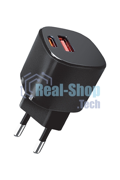 Сетевое зарядное устройство Qumo Energy GaN Mini PD 30W (Charger 0072), два порта: Type-C PD + USB-A QC3.0, черный