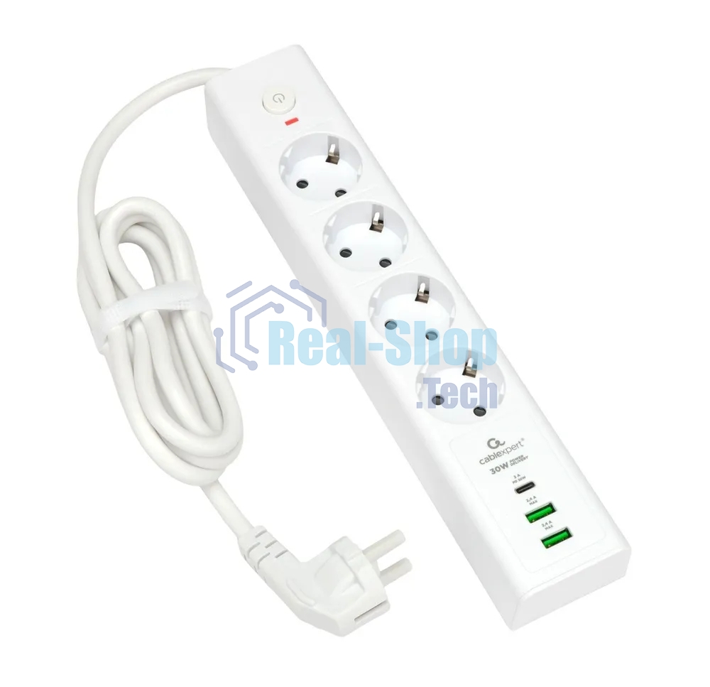 Сетевой фильтр Cablexpert Exnovo EXN-4-CU2-W-2, 4 р, 16А, 1xType-C PD, 30Вт, 2хUSB, 2 м, ур.защиты 4+, белый, коробка