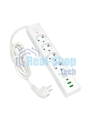 Сетевой фильтр Cablexpert Exnovo EXN-4-CU2-W-2, 4 р, 16А, 1xType-C PD, 30Вт, 2хUSB, 2 м, ур.защиты 4+, белый, коробка