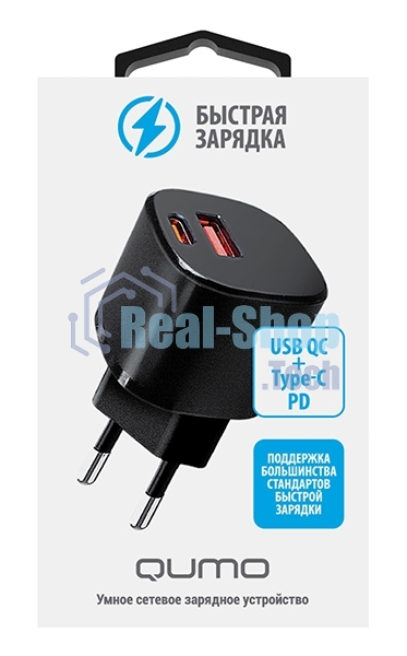 Сетевое зарядное устройство Qumo Energy GaN Mini PD 30W (Charger 0072), два порта: Type-C PD + USB-A QC3.0, черный