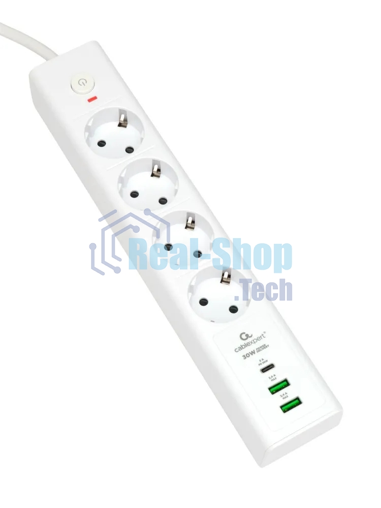 Сетевой фильтр Cablexpert Exnovo EXN-4-CU2-W-2, 4 р, 16А, 1xType-C PD, 30Вт, 2хUSB, 2 м, ур.защиты 4+, белый, коробка