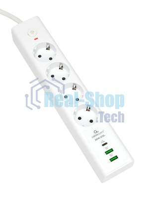 Сетевой фильтр Cablexpert Exnovo EXN-4-CU2-W-2, 4 р, 16А, 1xType-C PD, 30Вт, 2хUSB, 2 м, ур.защиты 4+, белый, коробка