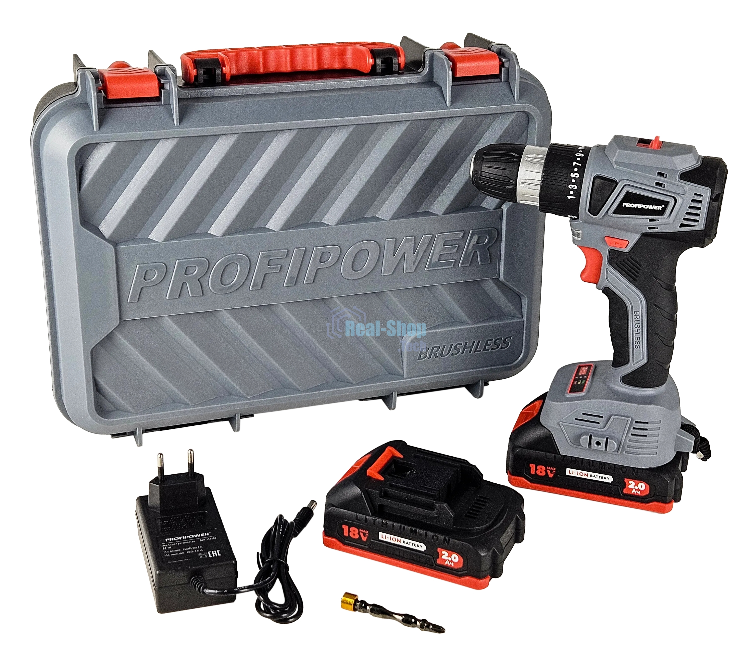 Дрель-шуруповерт аккумуляторная бесщеточная ProfiPower MKBL-18BT (18В,Li-ion-2шт, 2.0А·ч, 0,8-10мм,40нм,магнитная бита, З/У, в кейсе)
