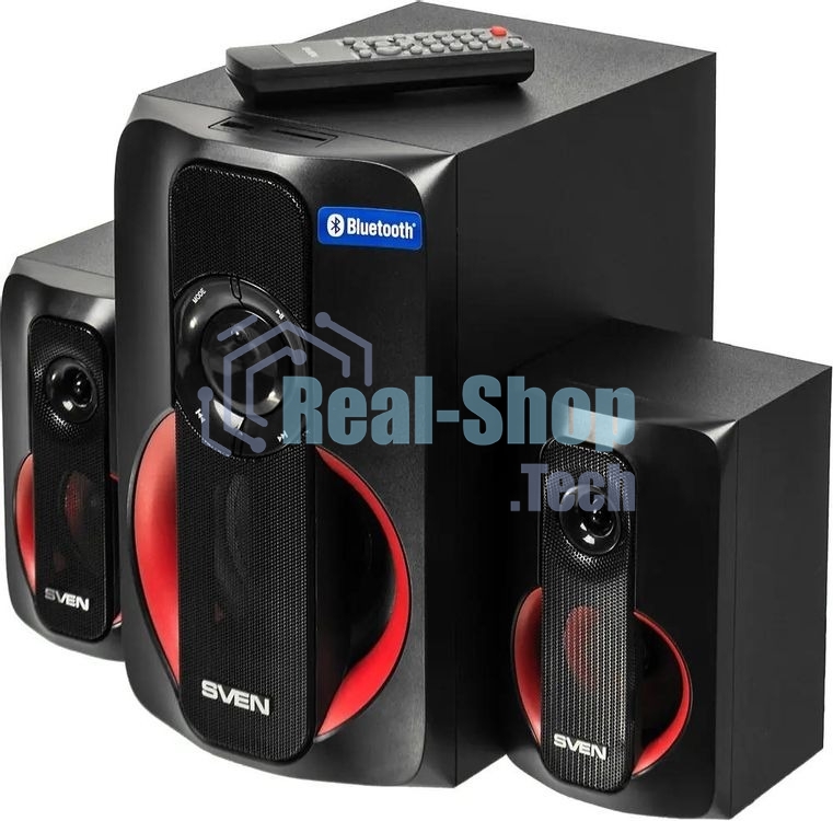 Колонки SVEN AC MS -304, черный Акустическая система, беспроводная передача сигнала по Bluetooth, суммарная мощность (RMS), Вт - 40, выходная мощность (RMS), Вт - сабвуфер: 20, сателлиты: 20 (2 х10), частотный диапазон, Гц - сабвуфер: 40 – 150, сателлиты: 150 – 20 000, размеры динамиков, мм - сабвуфер: O 128, воспроизведение с USB flash и SD card памяти, встроенное FM-радио, LED-дисплей, пульт ДУ, материал корпуса сабвуфера и сателлитов – дерево (MDF).