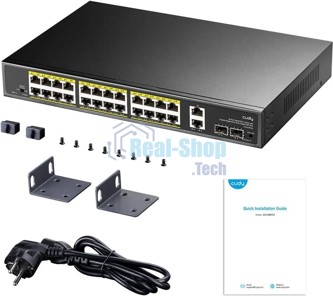 Коммутатор Cudy GS1026PS2, (L2) 26x1 Гбит/с 2xКомбо(1000BASE-T/SFP), 2SFP, 24PoE, 300W, неуправляемый