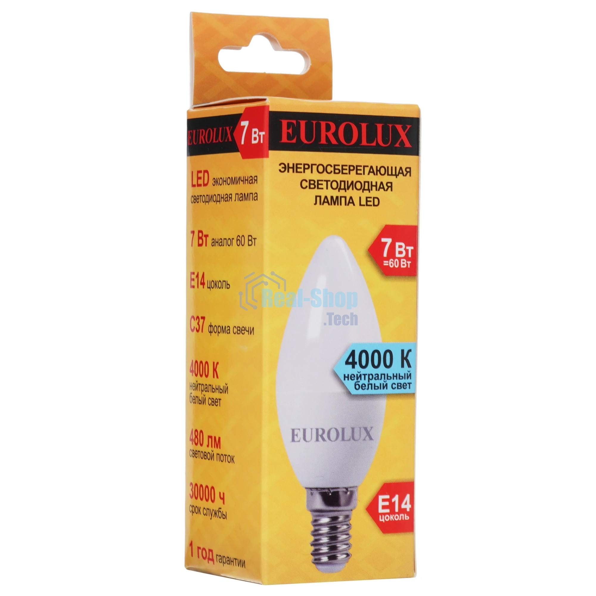 Лампа светодиодная EUROLUX LL-E-C37-7W-230-4K-E14 свеча